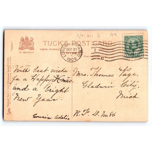 Vintage 1909 Tuck's Christmas Postcard Deer in Snowy Forest Scene Series 1735 - Picture 2 of 2